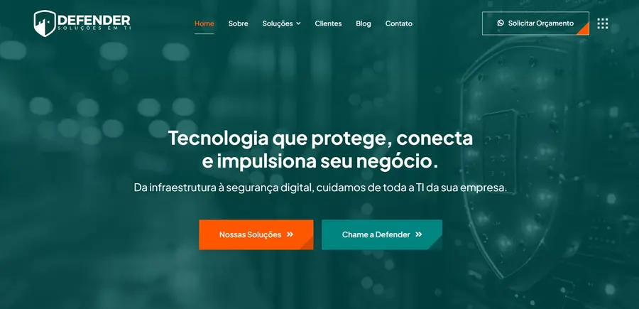 Página inicial do site Defender Soluções em TI (tecnologia da informação), criado pela Vadesilho