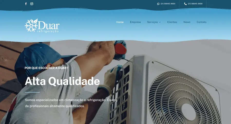 Página inicial do site DUAR Refrigeração (climatização e refrigeração), criado pela Vadesilho
