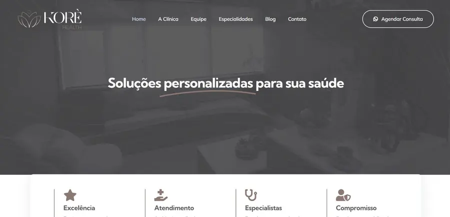 Página inicial do site Korè Health (clínica médica multiespecialidades), criado pela Vadesilho