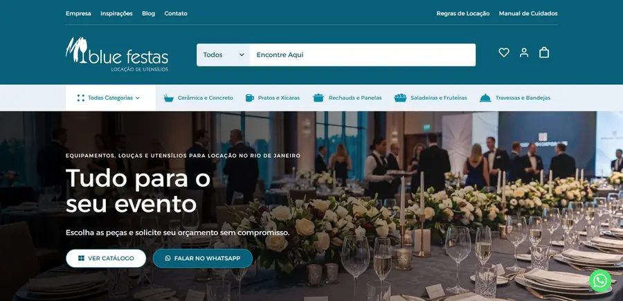 Página inicial do site M Blue Festas (locação para festas e eventos), criado pela Vadesilho