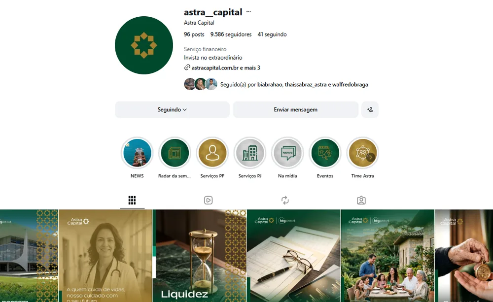 Perfil do Instagram @astra__capital (Astra Capital), gerenciado pela Vadesilho
