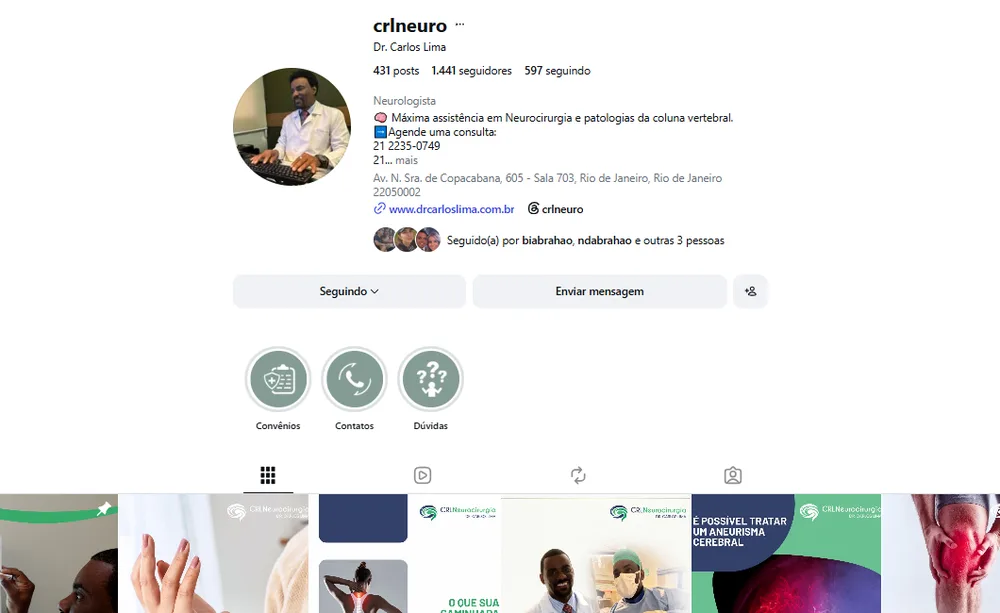 Perfil do Instagram @crlneuro (CRL Neurocirurgia), gerenciado pela Vadesilho