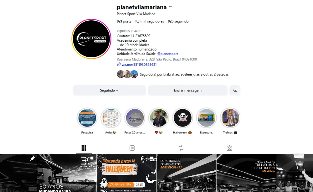 Perfil do Instagram @planetvilamariana (Planet Sport Vila Mariana), gerenciado pela Vadesilho