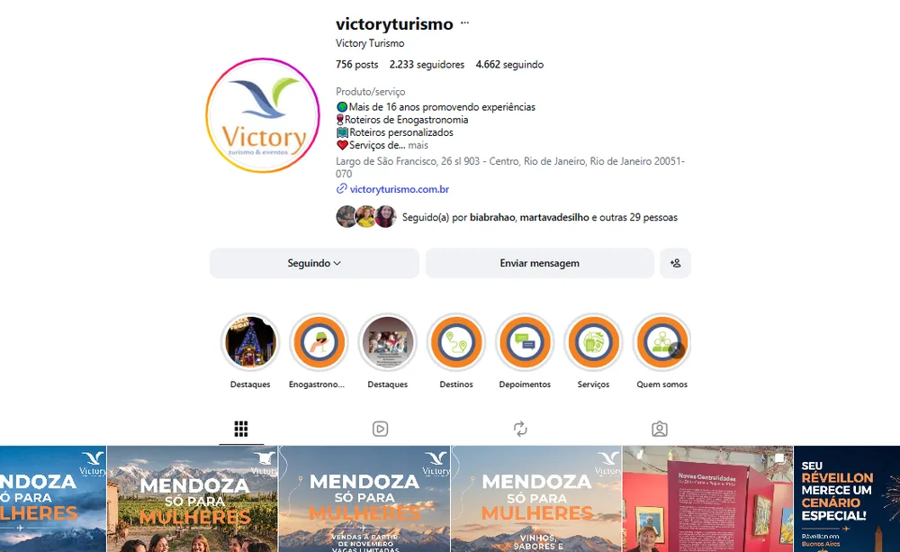 Perfil do Instagram @victoryturismo (Victory Turismo), gerenciado pela Vadesilho