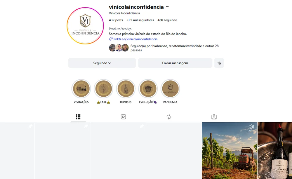 Perfil do Instagram @vinicolainconfidencia (Vinícola Inconfidência), gerenciado pela Vadesilho